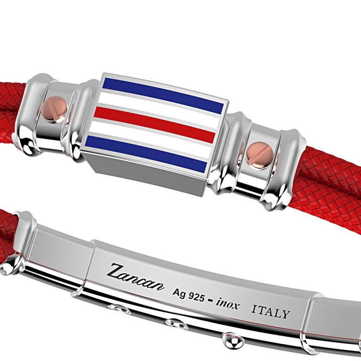 Zancan kevlar bracelet with lacquered silver nautical flag and rose gold screws.