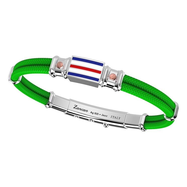 Zancan kevlar bracelet with lacquered silver nautical flag and rose gold screws.