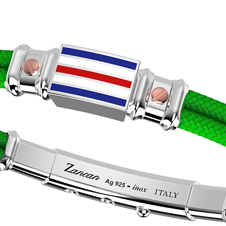 Pulsera Zancan de kevlar con bandera náutica de plata esmaltada y tornillos de oro rosa.
