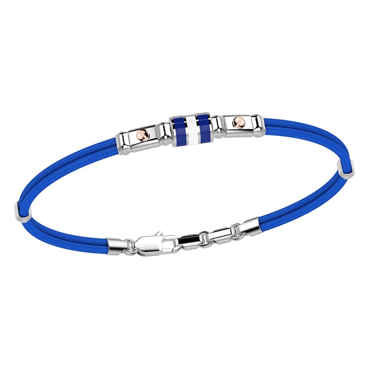 Pulsera Zancan de kevlar con bandera náutica de plata esmaltada y tornillos de oro rosa.