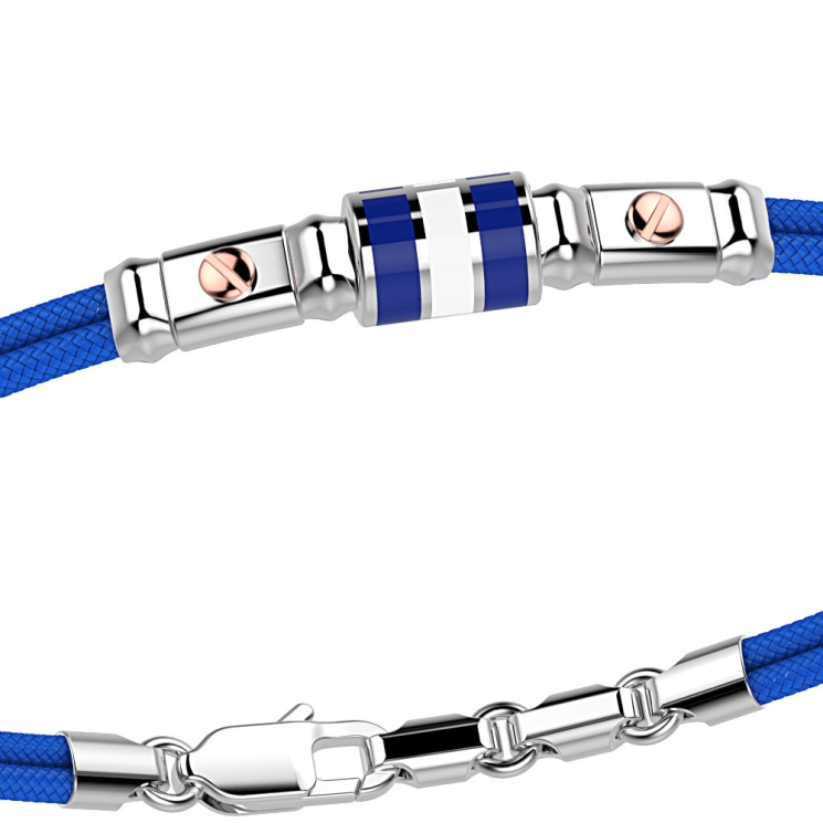 Pulsera Zancan de kevlar con bandera náutica de plata esmaltada y tornillos de oro rosa.