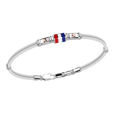Zancan kevlar bracelet with lacquered silver nautical flag and rose gold screws.