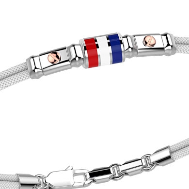 Zancan kevlar bracelet with lacquered silver nautical flag and rose gold screws.