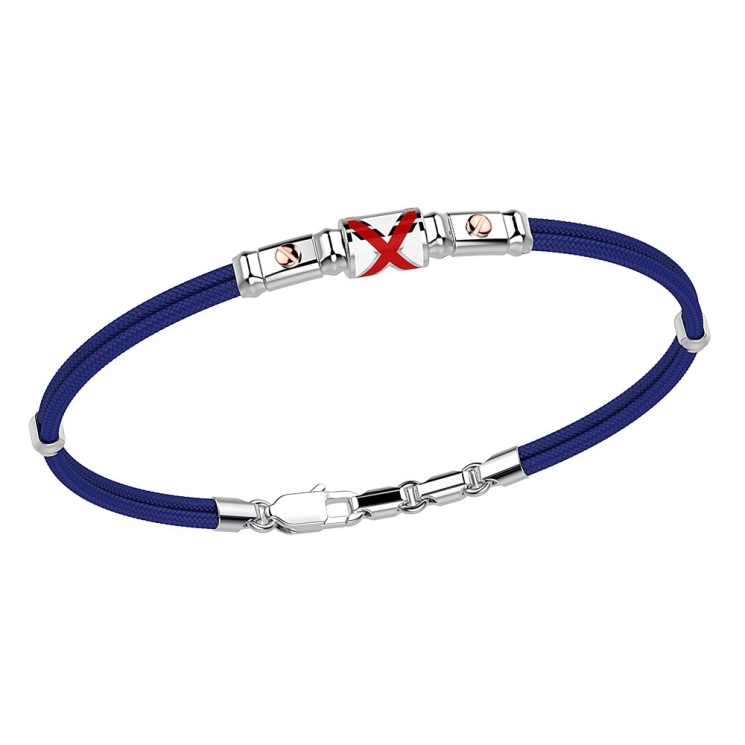 Zancan kevlar bracelet with lacquered silver nautical flag and rose gold screws.