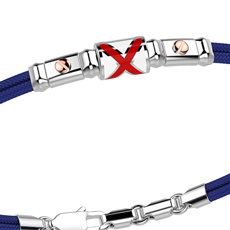Zancan kevlar bracelet with lacquered silver nautical flag and rose gold screws.