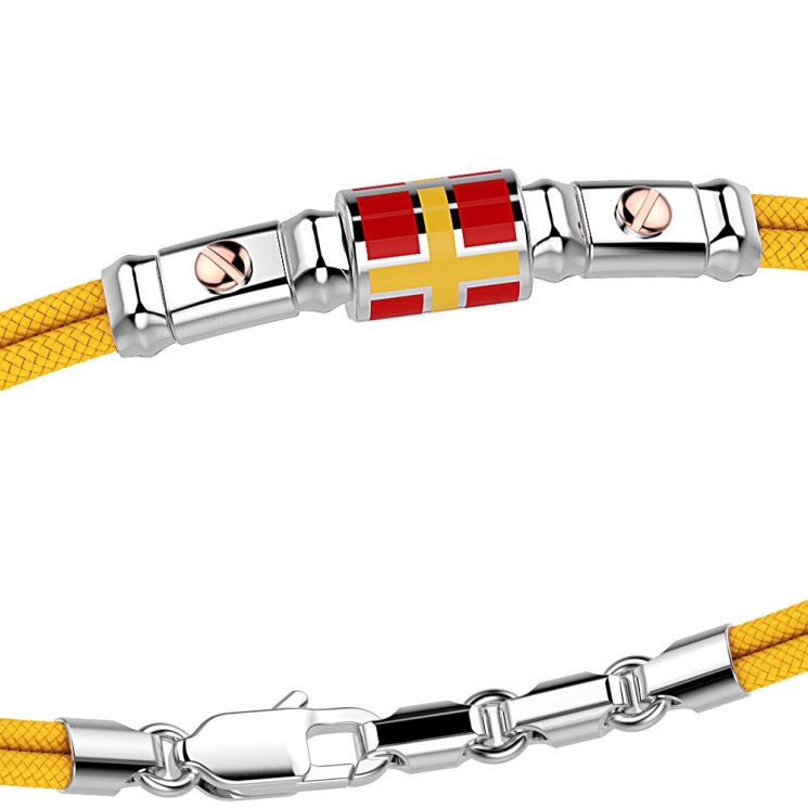 Pulsera Zancan de kevlar con bandera náutica de plata esmaltada y tornillos de oro rosa.