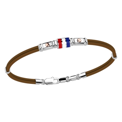Pulsera Zancan de kevlar con bandera náutica de plata esmaltada y tornillos de oro rosa.