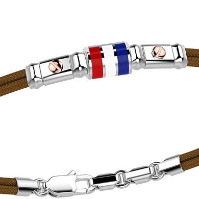 Pulsera Zancan de kevlar con bandera náutica de plata esmaltada y tornillos de oro rosa.