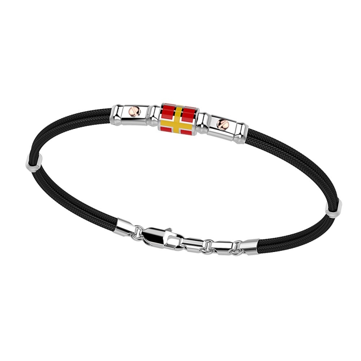 Zancan-Armband aus Kevlar mit nautischer Flagge aus emailliertem Silber und Schrauben aus Roségold.
