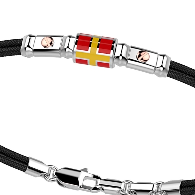 Zancan-Armband aus Kevlar mit nautischer Flagge aus emailliertem Silber und Schrauben aus Roségold.