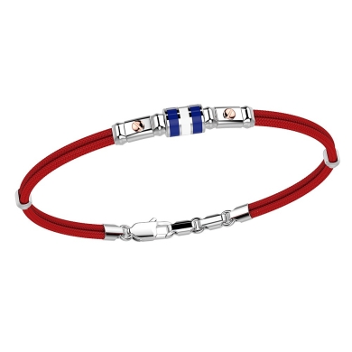 Pulsera Zancan de kevlar con bandera náutica de plata esmaltada y tornillos de oro rosa.