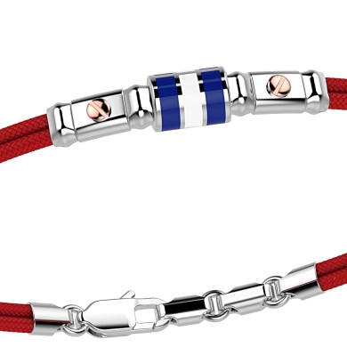 Pulsera Zancan de kevlar con bandera náutica de plata esmaltada y tornillos de oro rosa.