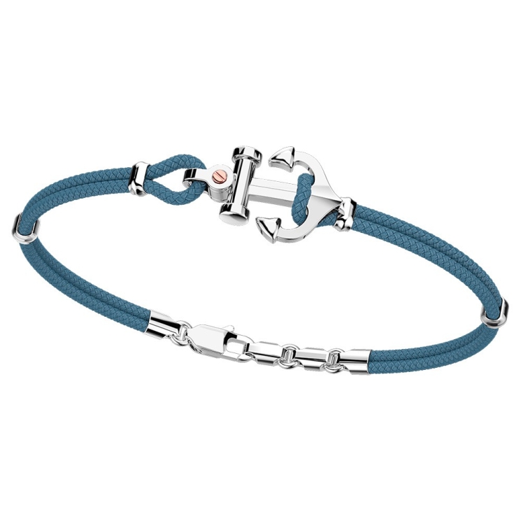 Pulsera Zancan de kevlar con ancla de plata y tornillo de oro rosa.