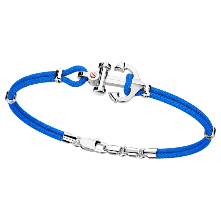 Pulsera Zancan de kevlar con ancla de plata y tornillo de oro rosa.