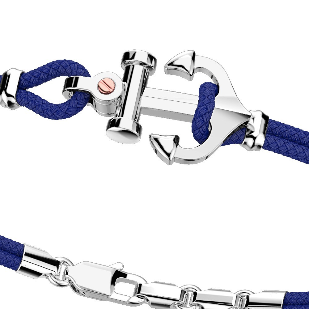 Pulsera Zancan de kevlar con ancla de plata y tornillo de oro rosa.