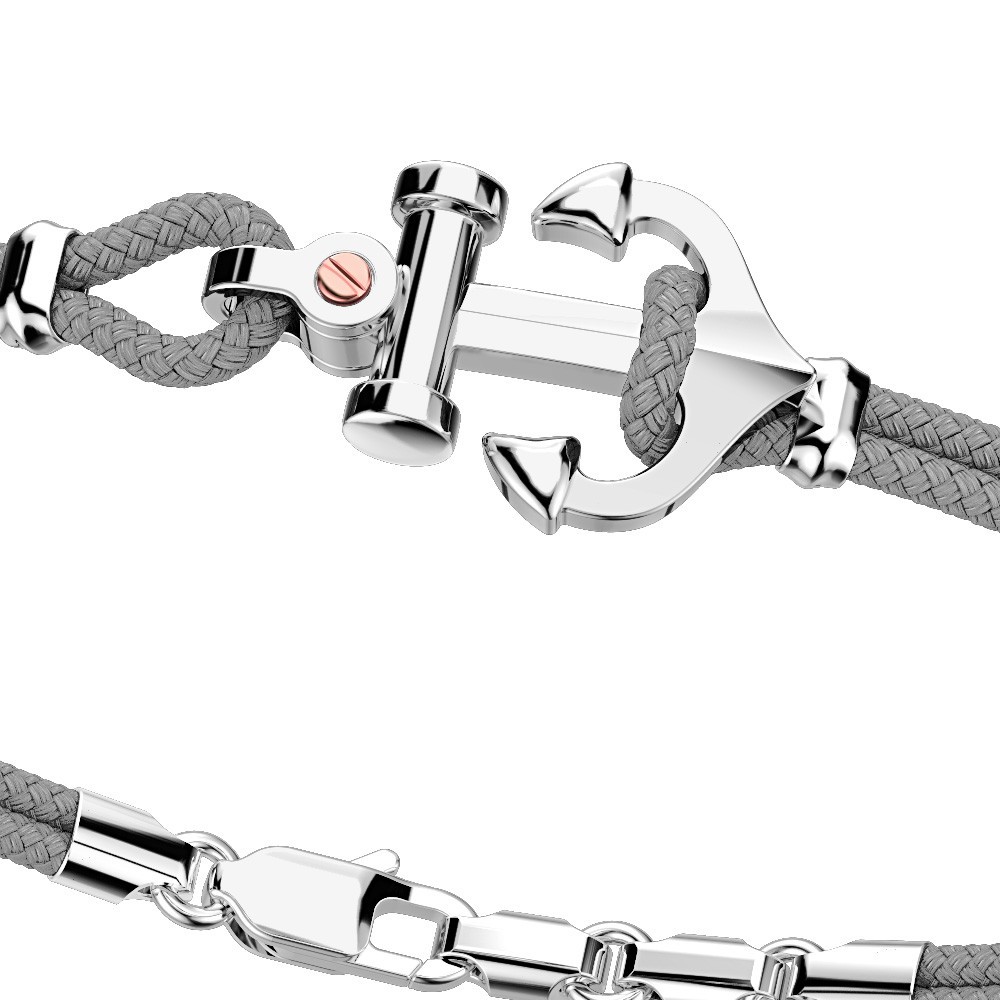 Pulsera Zancan de kevlar con ancla de plata y tornillo de oro rosa.
