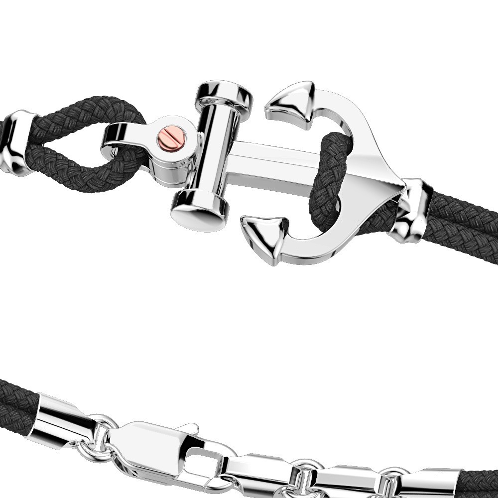 Pulsera Zancan de kevlar con ancla de plata y tornillo de oro rosa.