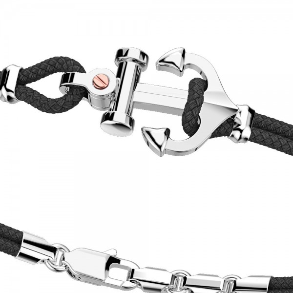 Pulsera Zancan de kevlar con ancla de plata y tornillo de oro rosa.