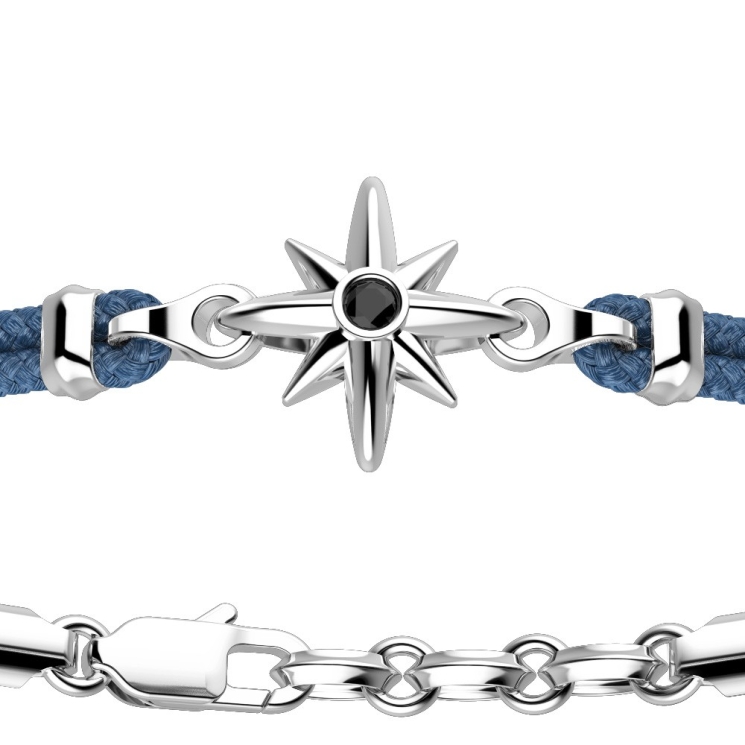 Zancan-Armband aus Kevlar mit Windrose aus Silber.