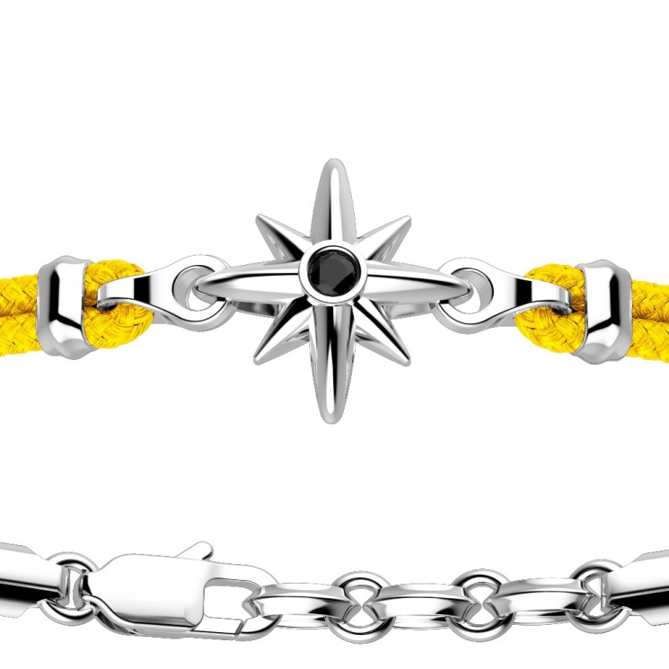 Zancan-Armband aus Kevlar mit Windrose aus Silber.