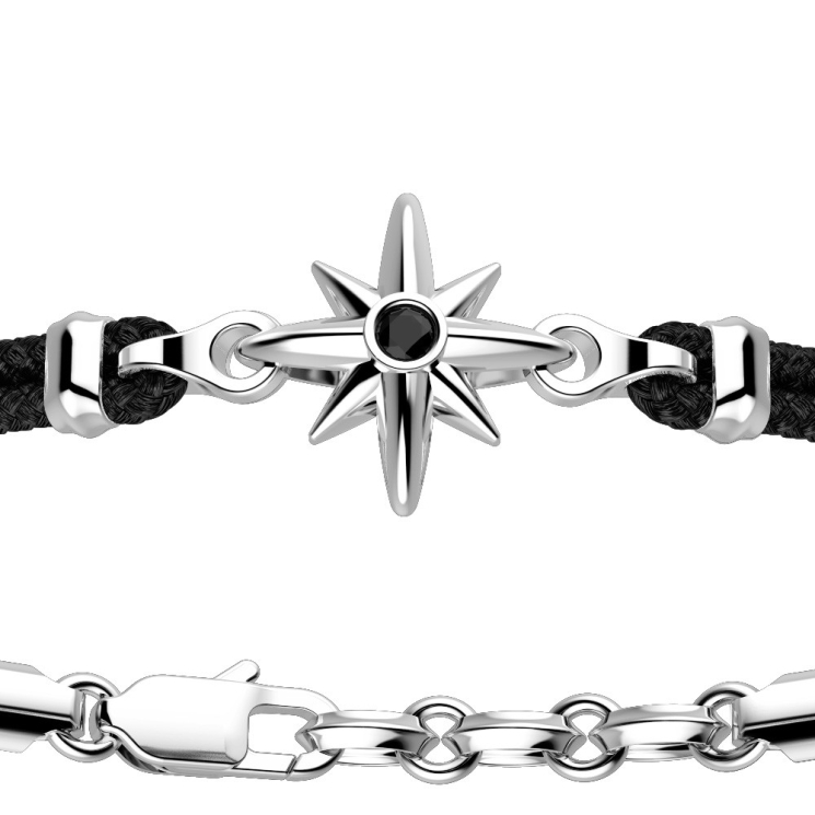 Zancan-Armband aus Kevlar mit Windrose aus Silber.