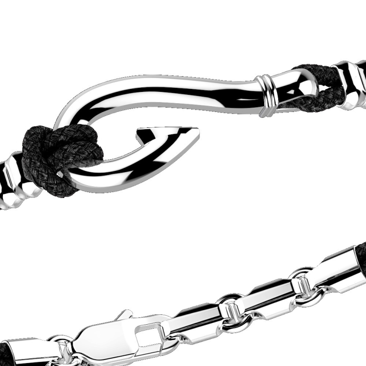 Zancan-Armband aus Kevlar mit Angelhaken aus Silber.
