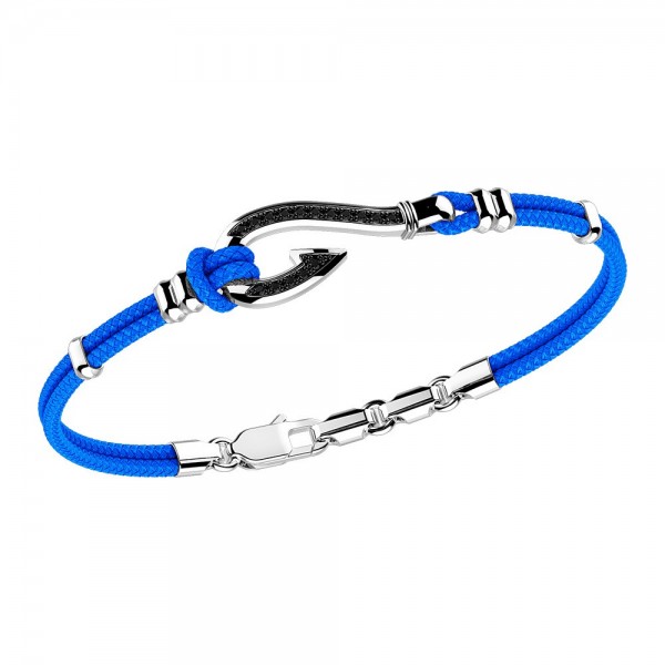 Pulsera Zancan de kevlar con anzuelo de plata y piedras negras.