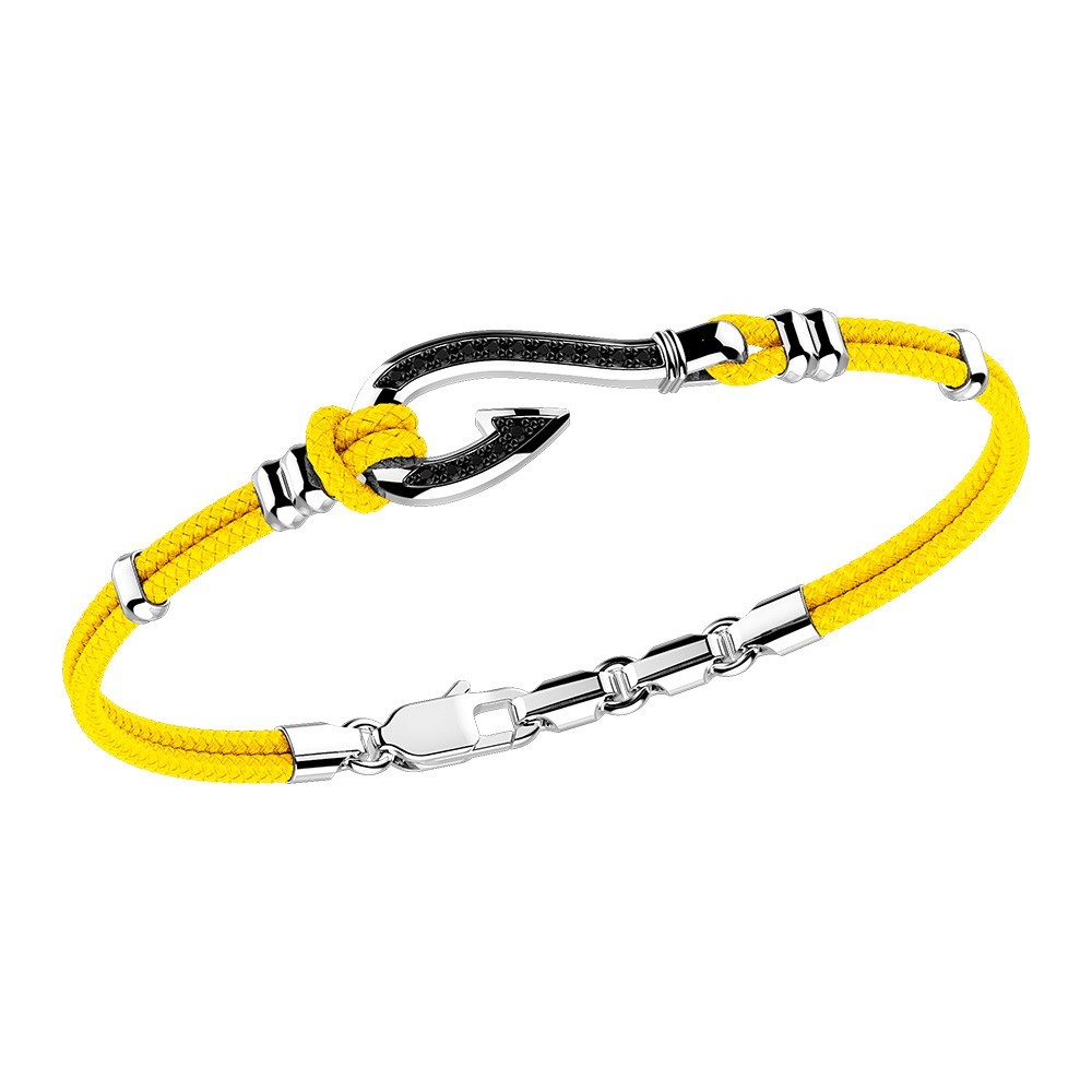 Pulsera Zancan de kevlar con anzuelo de plata y piedras negras.