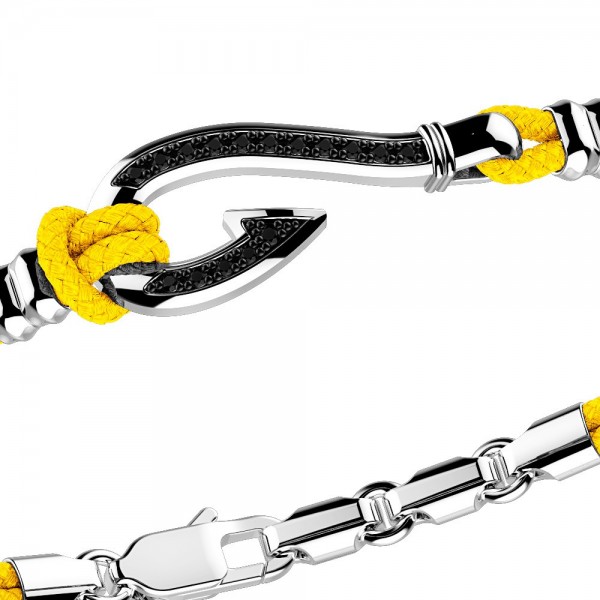 Pulsera Zancan de kevlar con anzuelo de plata y piedras negras.