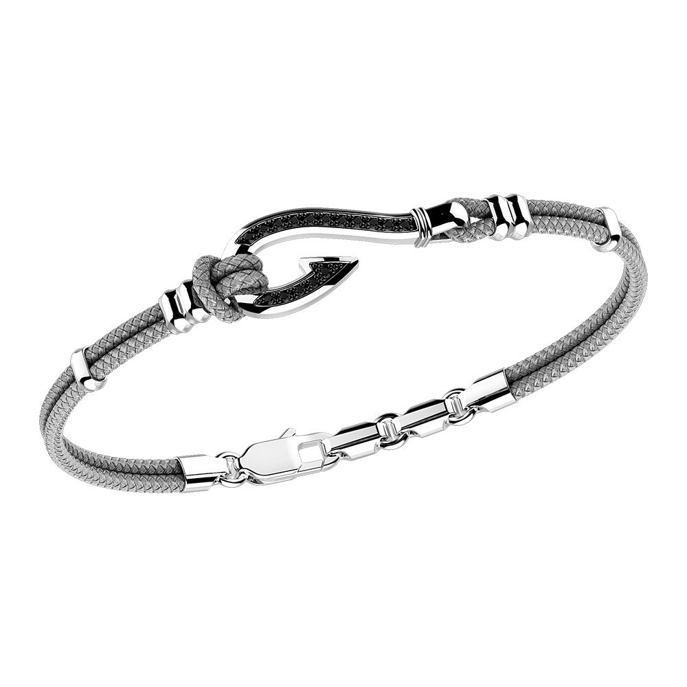 Pulsera Zancan de kevlar con anzuelo de plata y piedras negras.