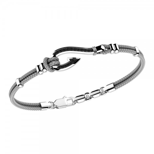 Pulsera Zancan de kevlar con anzuelo de plata y piedras negras.