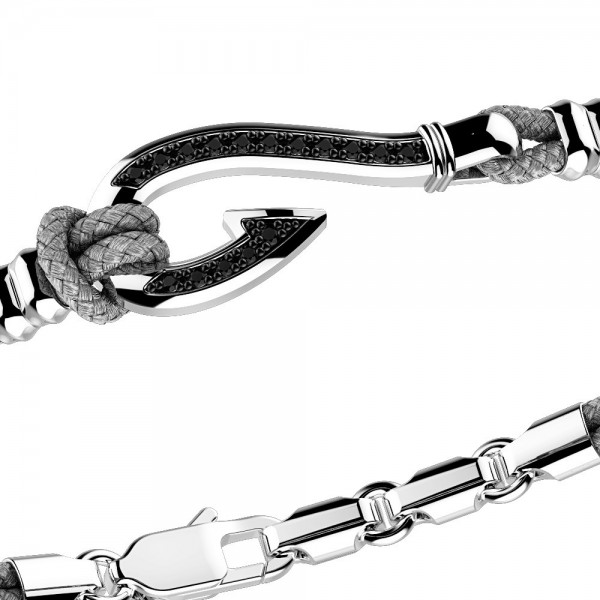 Pulsera Zancan de kevlar con anzuelo de plata y piedras negras.