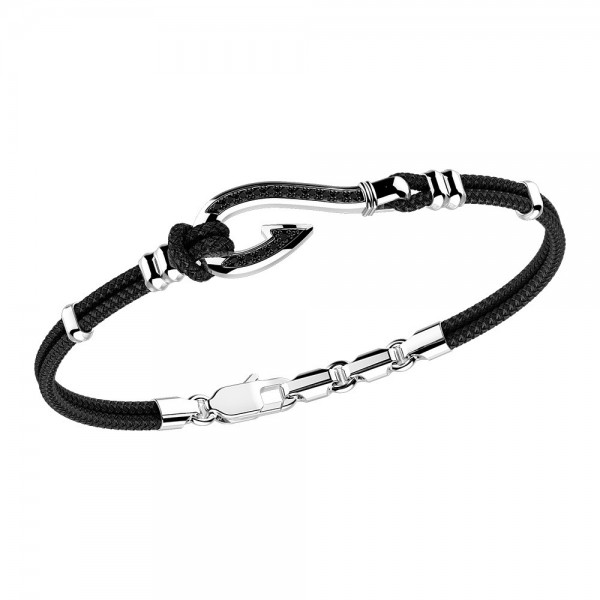Pulsera Zancan de kevlar con anzuelo de plata y piedras negras.