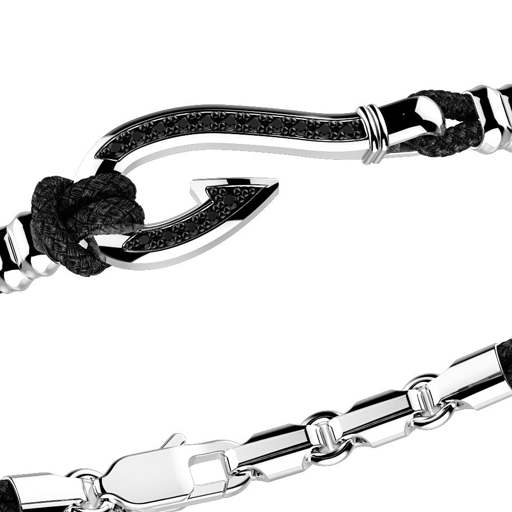 Pulsera Zancan de kevlar con anzuelo de plata y piedras negras.
