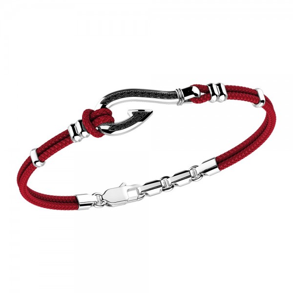 Pulsera Zancan de kevlar con anzuelo de plata y piedras negras.