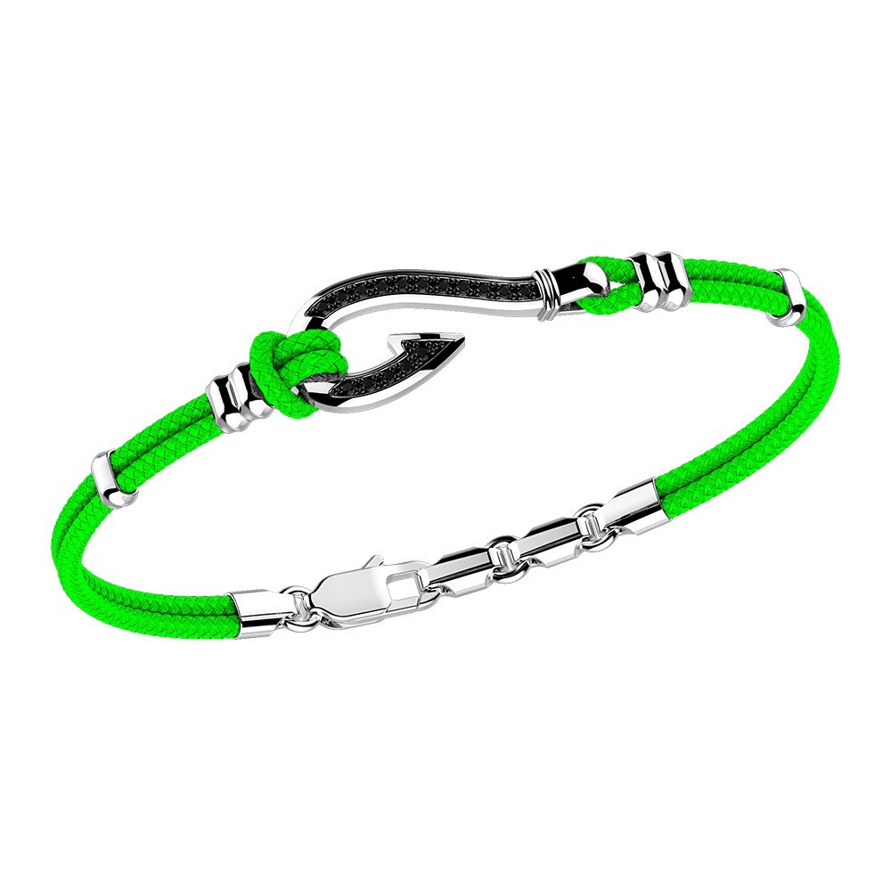 Pulsera Zancan de kevlar con anzuelo de plata y piedras negras.