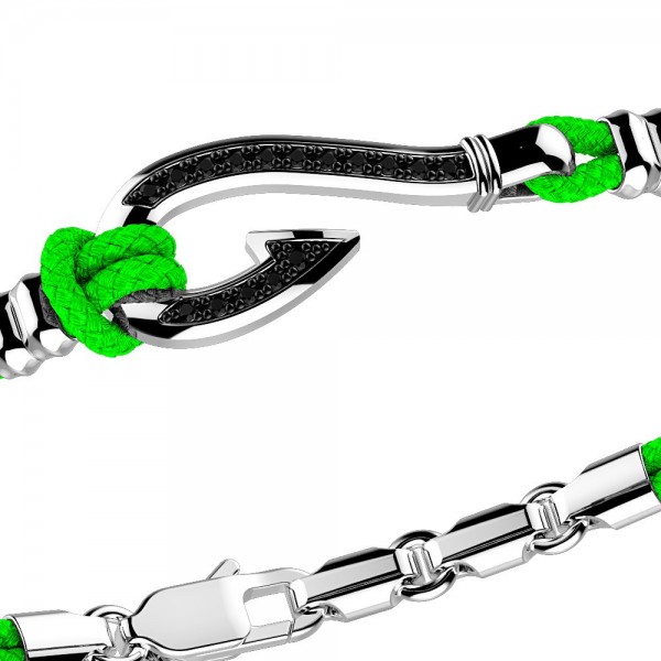 Pulsera Zancan de kevlar con anzuelo de plata y piedras negras.