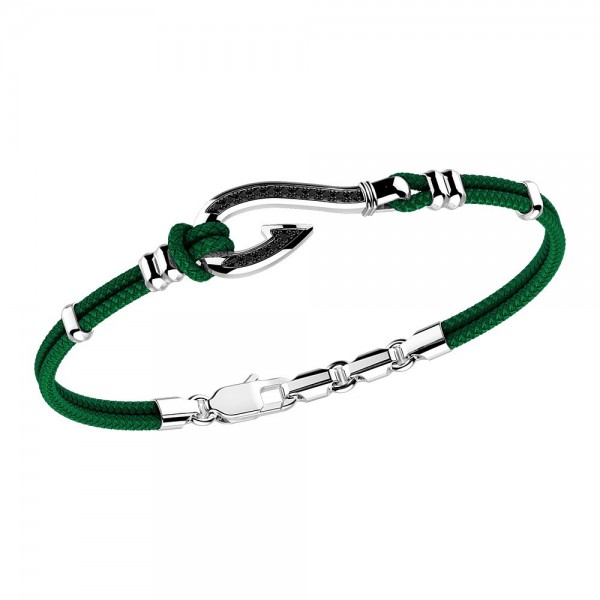Pulsera Zancan de kevlar con anzuelo de plata y piedras negras.