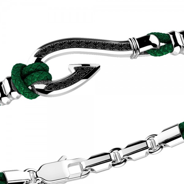 Pulsera Zancan de kevlar con anzuelo de plata y piedras negras.
