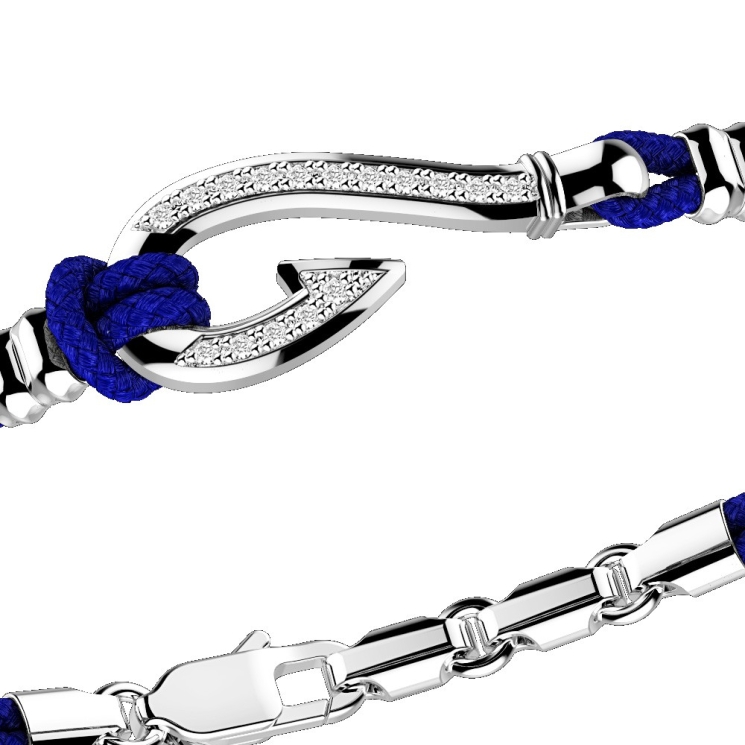 Pulsera Zancan de kevlar con anzuelo de plata y piedras blancas.