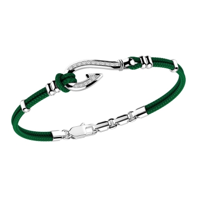 Pulsera Zancan de kevlar con anzuelo de plata y piedras blancas.