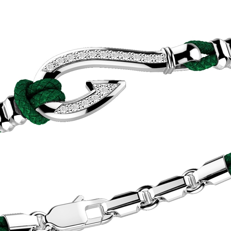 Pulsera Zancan de kevlar con anzuelo de plata y piedras blancas.