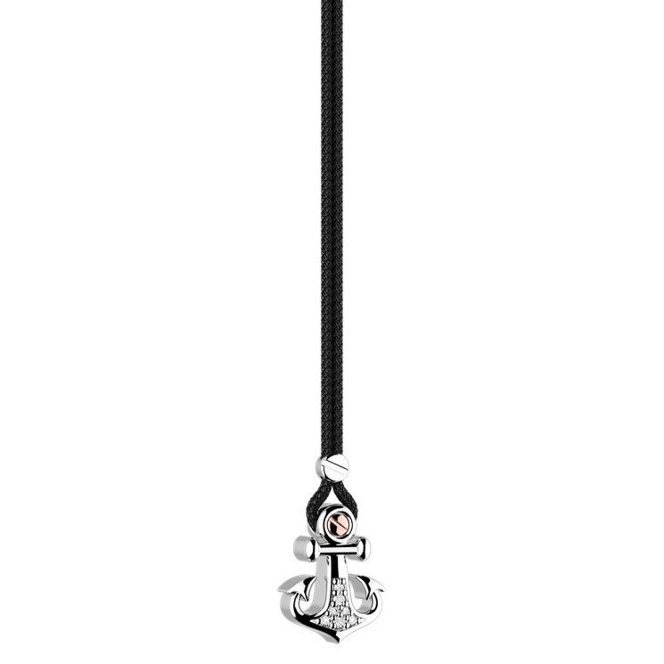 Collana Zancan in kevlar con pendente ad ancora in argento e pietre bianche.