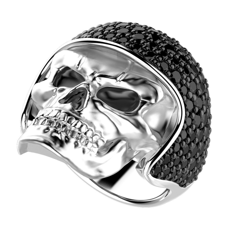 Zancan silver biker skull ring with black stones.
