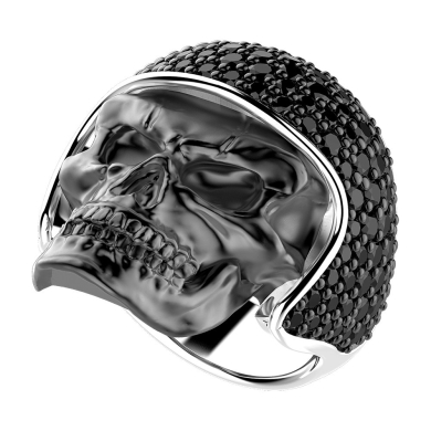 Zancan-Ring aus brüniertem Silber mit Totenkopf im Biker-Stil und schwarzen Edelsteinen.