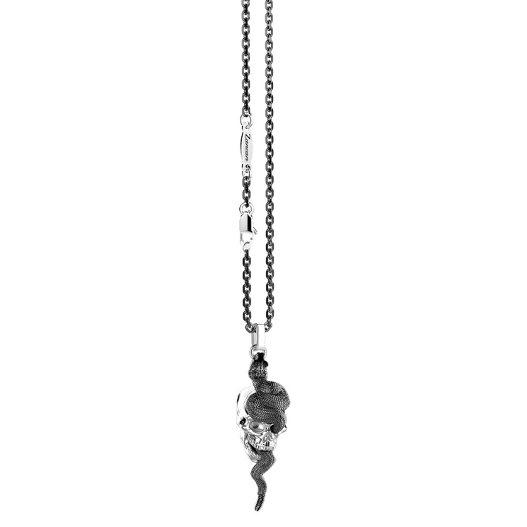 Collana Zancan in argento con pendente a teschio e serpente.