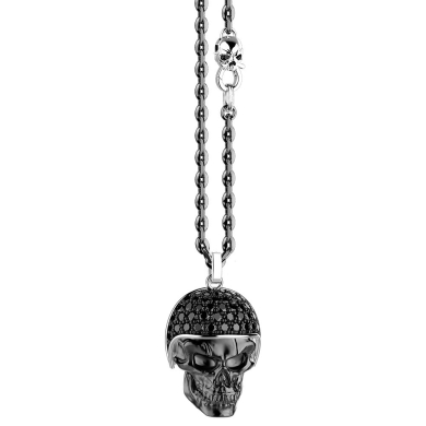 Zancan burnished silver necklace with biker skull pendant with black stones.