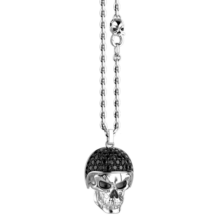 Zancan silver necklace with biker skull pendant with black stones.