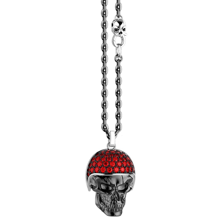 Collana Zancan in argento con pendente teschio biker con pietre rosse.