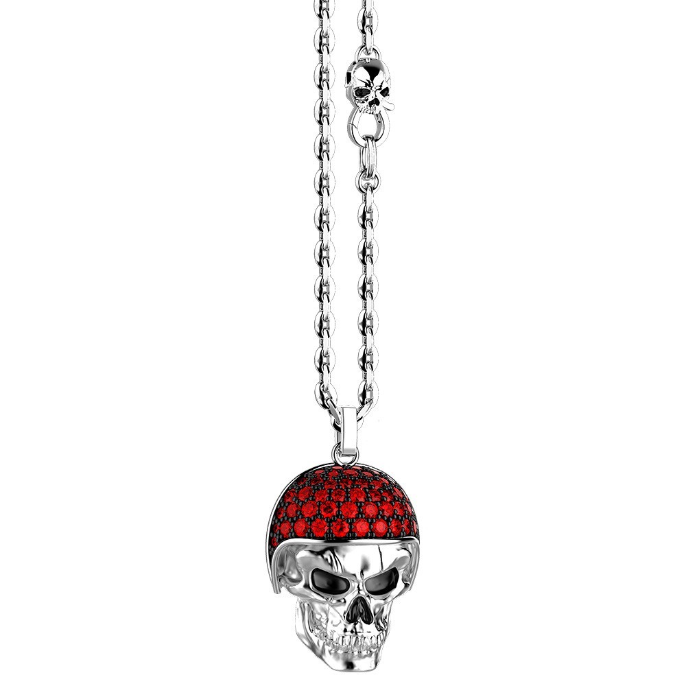 Collana Zancan in argento con pendente teschio biker con pietre rosse.